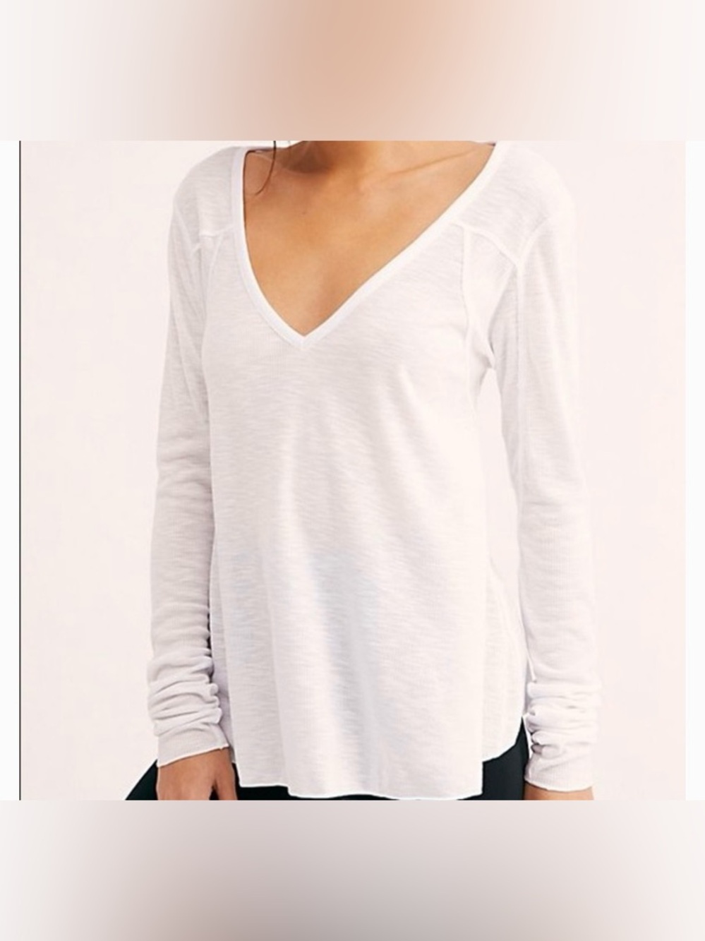 Free People White V-Neck Long Sleeve Top SZ:M